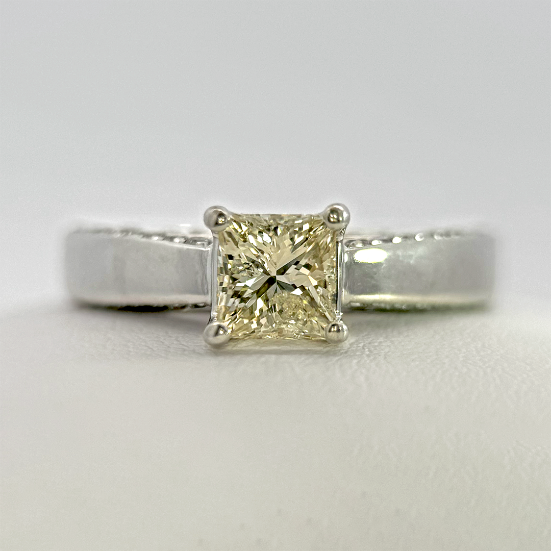 Estate - 14K White Gold Princess Cut Diamond Engagement Ring with Diamond Accents