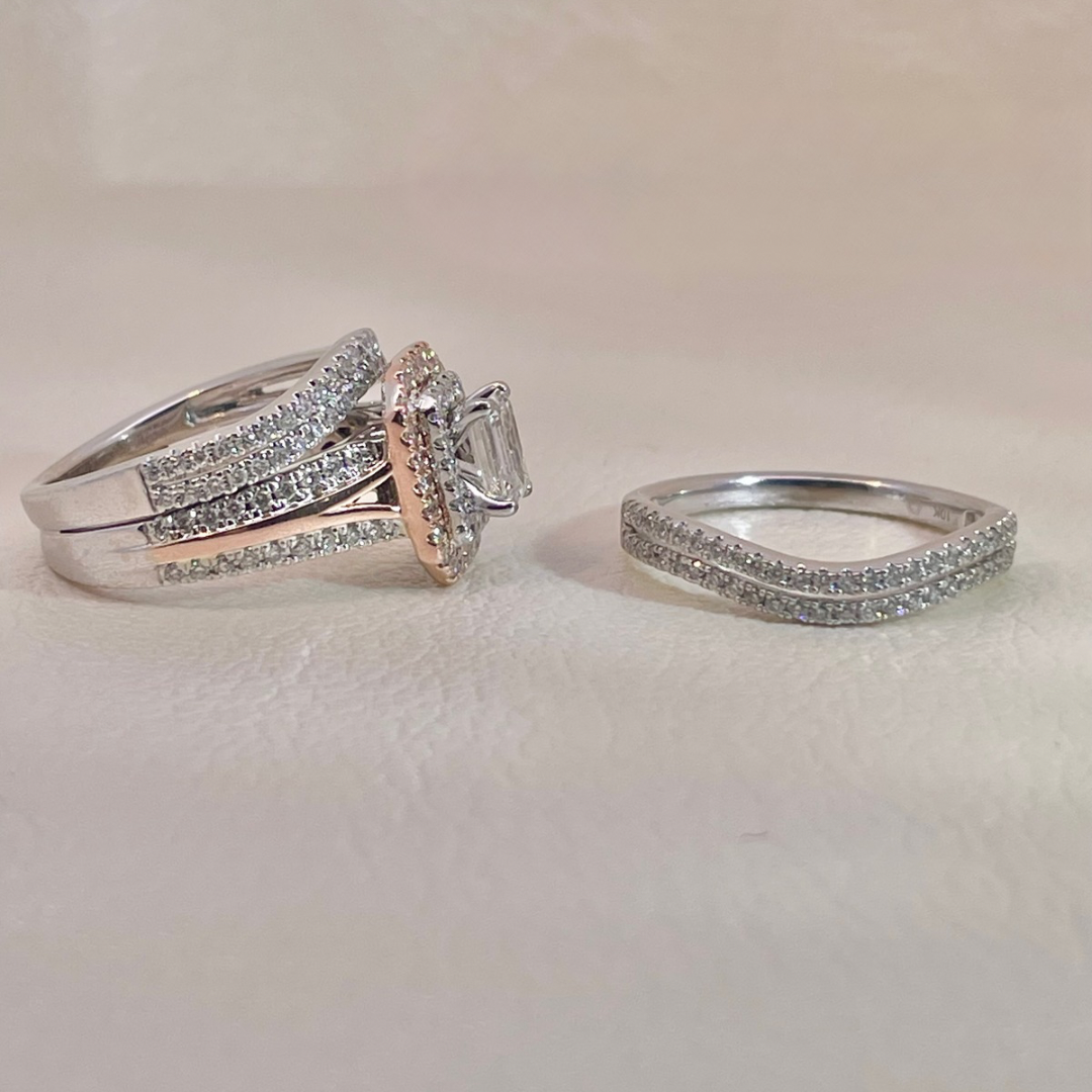 Estate- 14K White Gold and Diamond Wedding set with Rose Gold accents