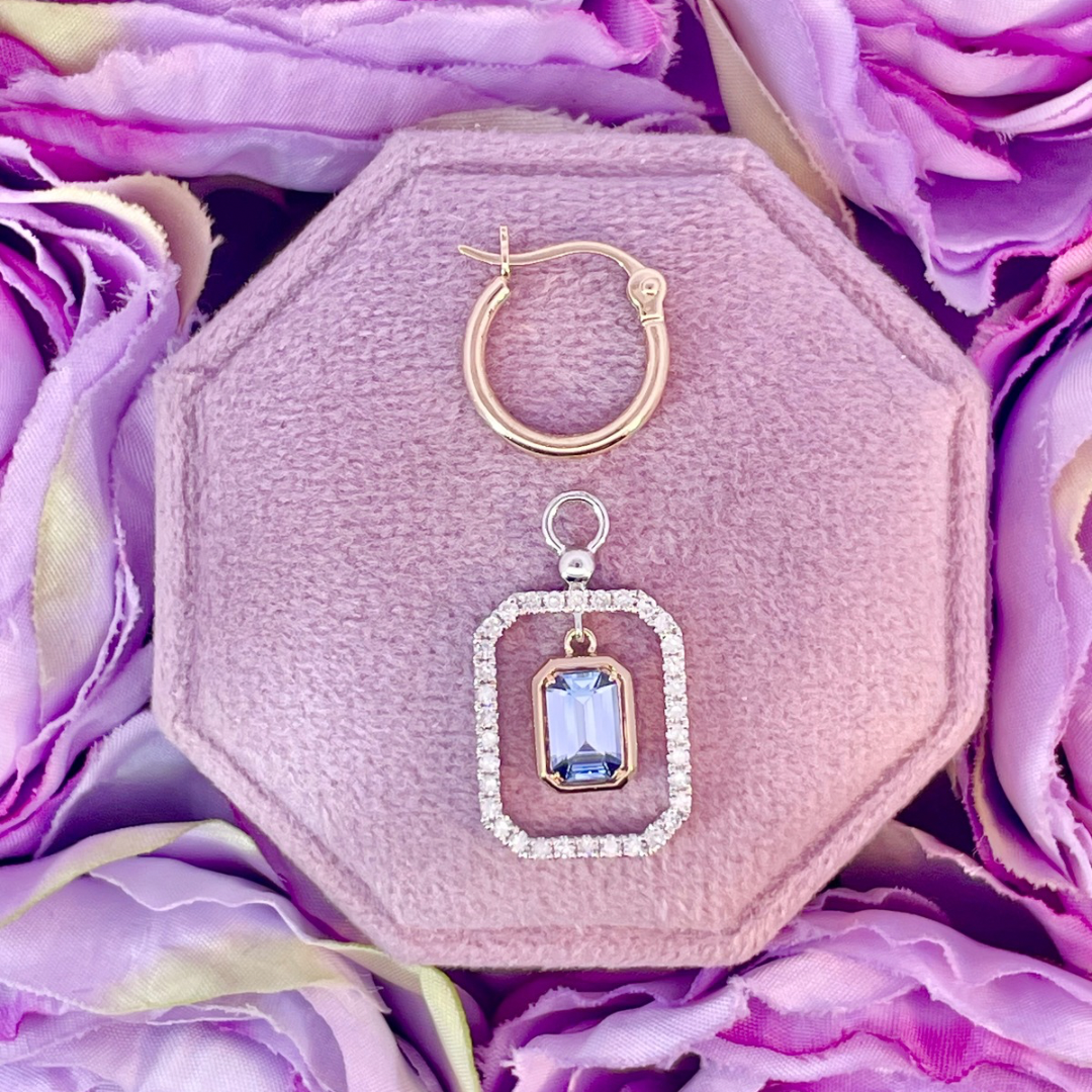 14K Two Tone Gold Earrings With Blue Sapphires and Diamonds