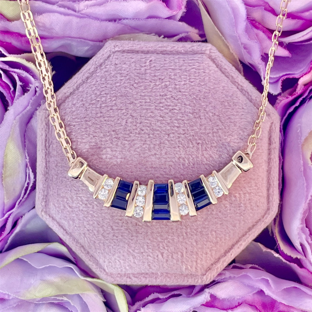Estate- 14K Lab Created Blue and White Sapphire Stationary Necklace with Fancy Chain