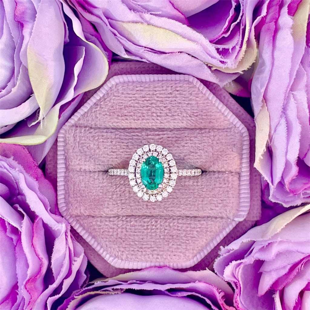 14K White Gold Emerald and Diamond Halo Ring