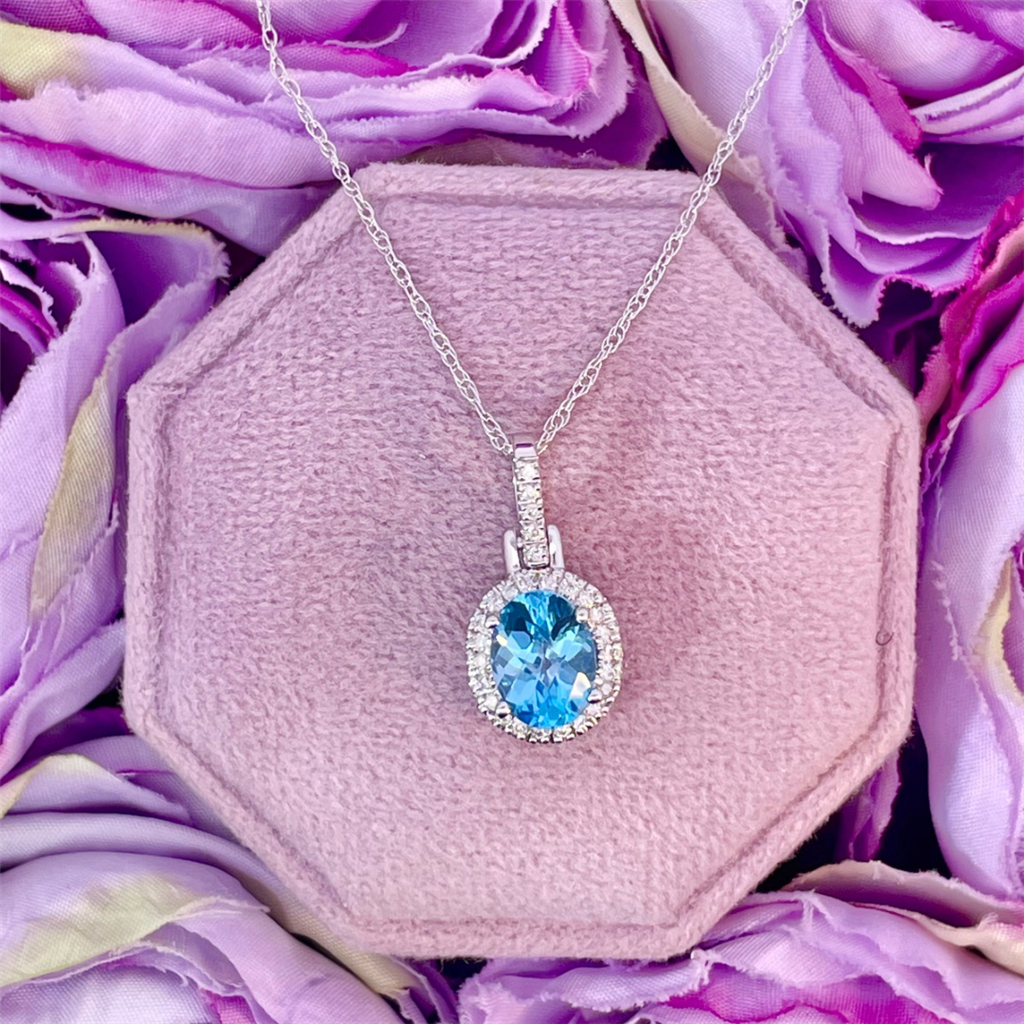14K White Gold Blue Topaz and Diamond Pendant
