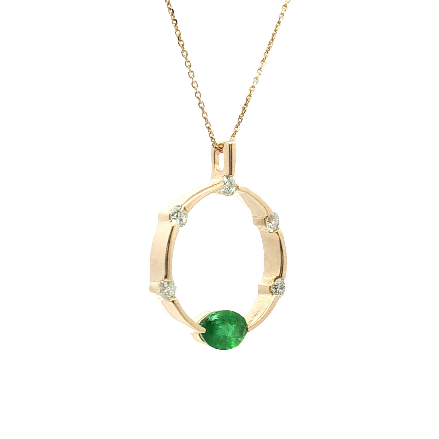 14K Yellow Gold Emerald and Diamond Circle Pendant Necklace
