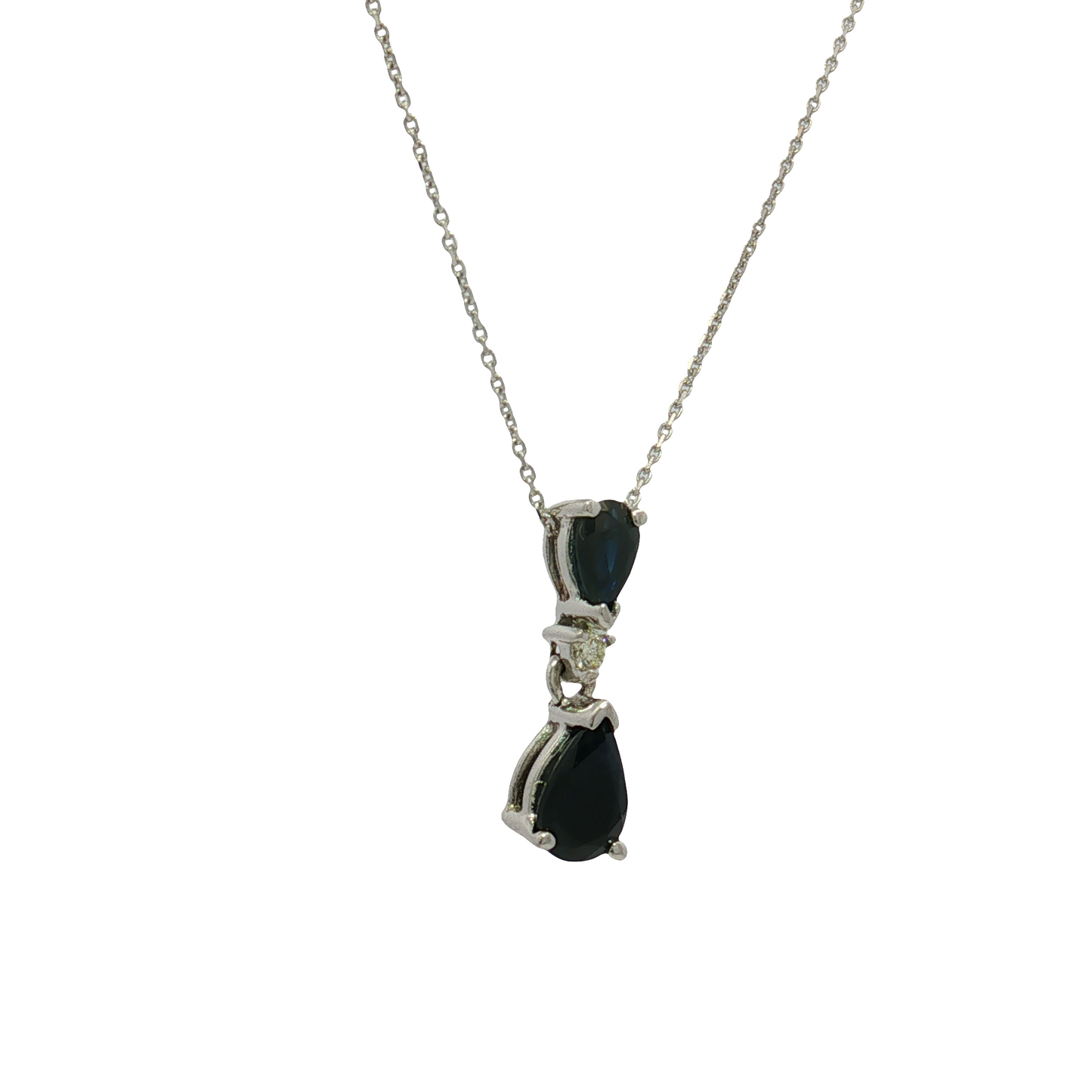 14K White Gold Sapphire and Diamond Drop Pendant Necklace
