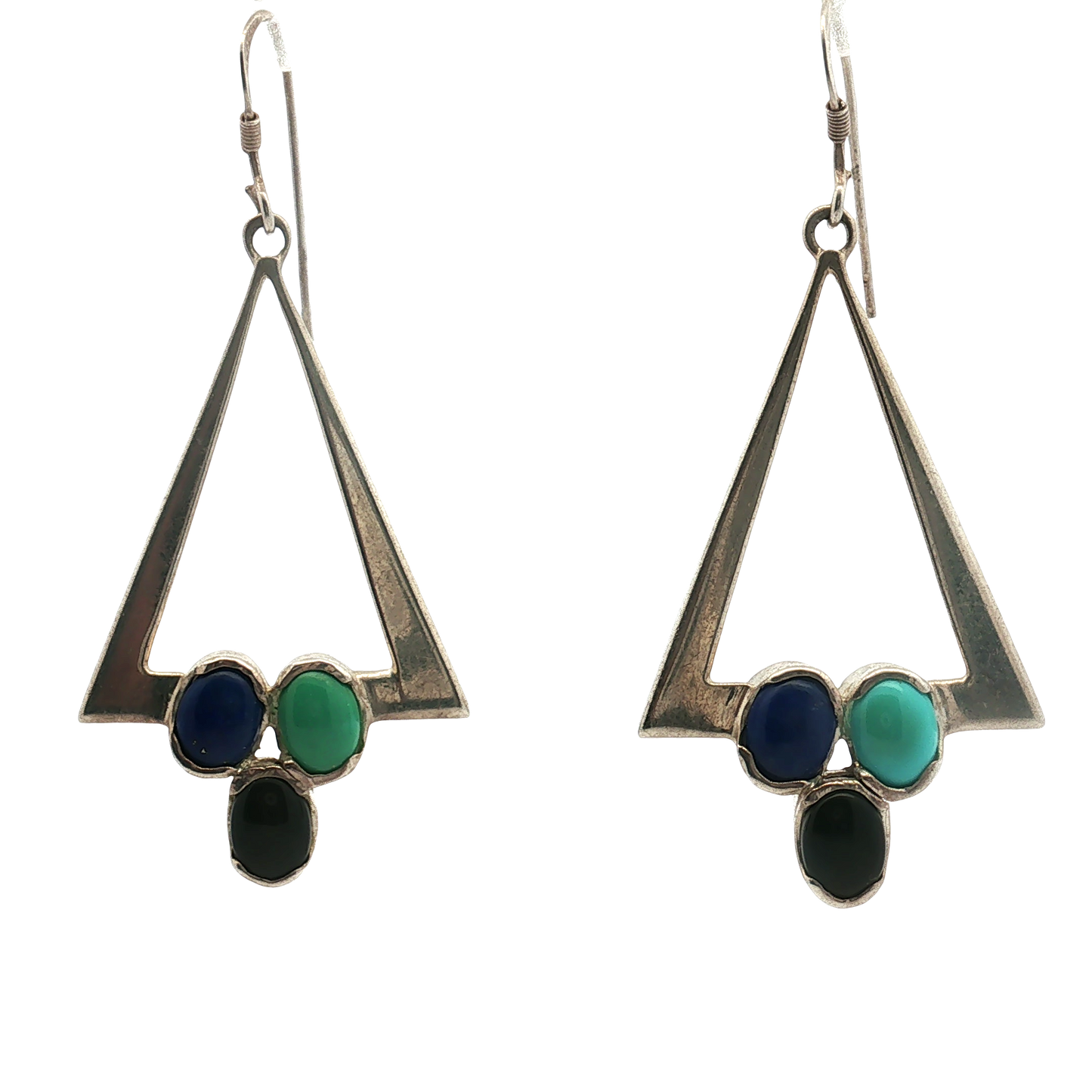 Estate - Sterling Silver Dangle Earrings Containing Turqoise, Lapis, and Onyx Stones