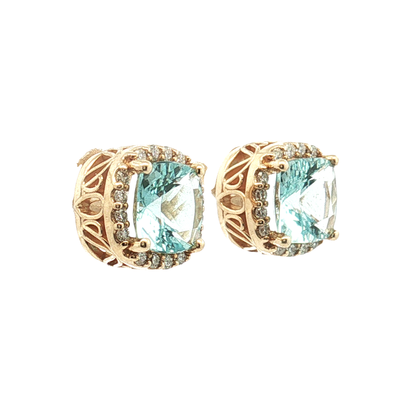 14K Yellow Gold Aquamarine with Diamond Halo Stud Earrings
