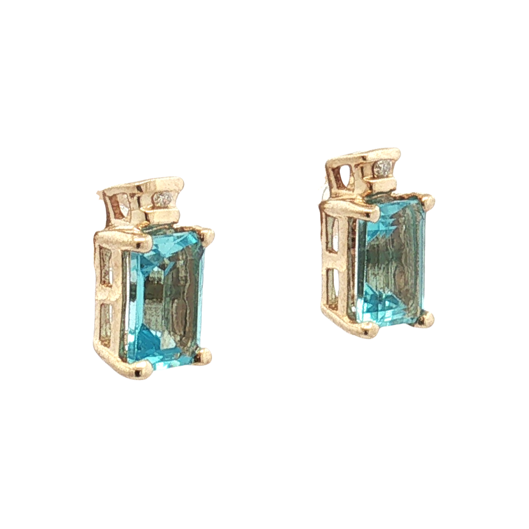 10K Yellow Gold Blue Topaz and Diamond Stud Earrings