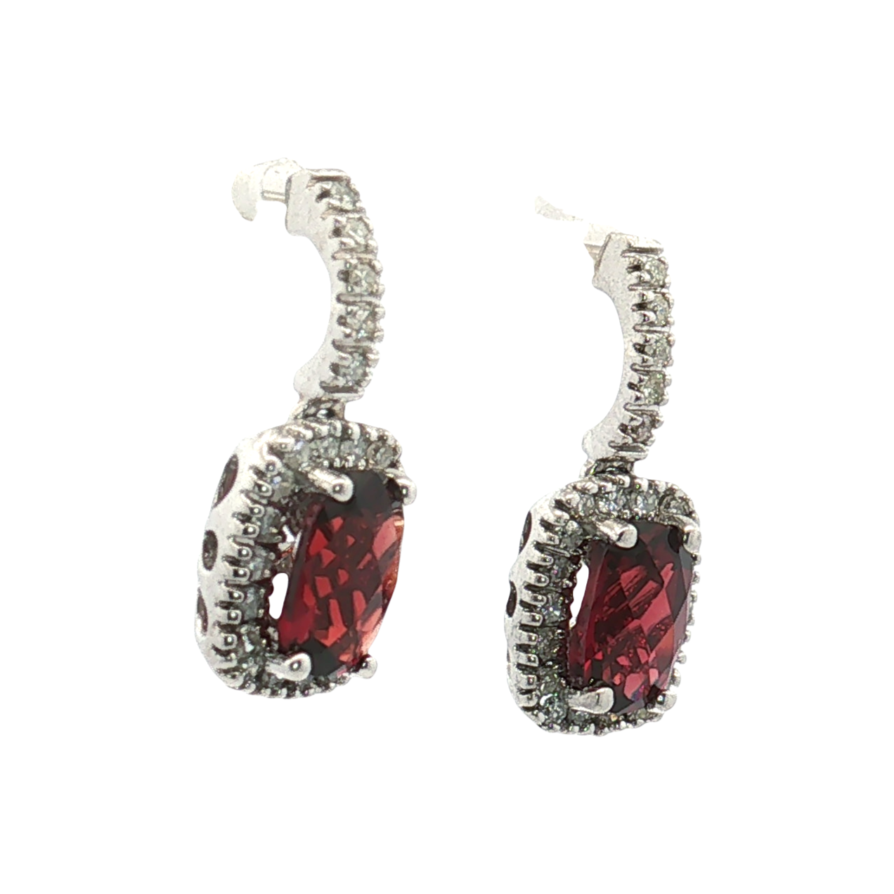 14K White Gold Garnet and Diamond Halo Drop Earrings