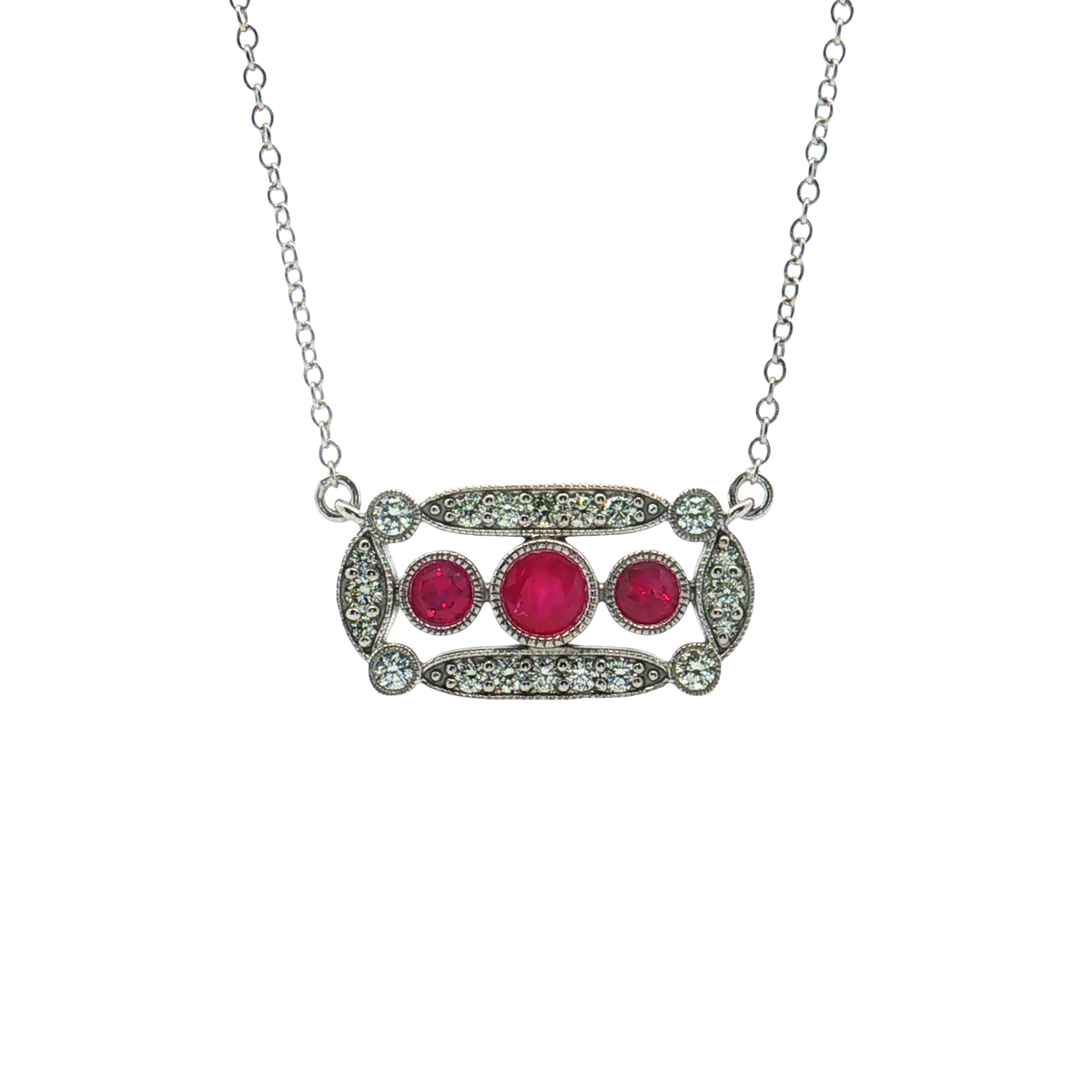14K White Gold Ruby and Diamond Station Necklace