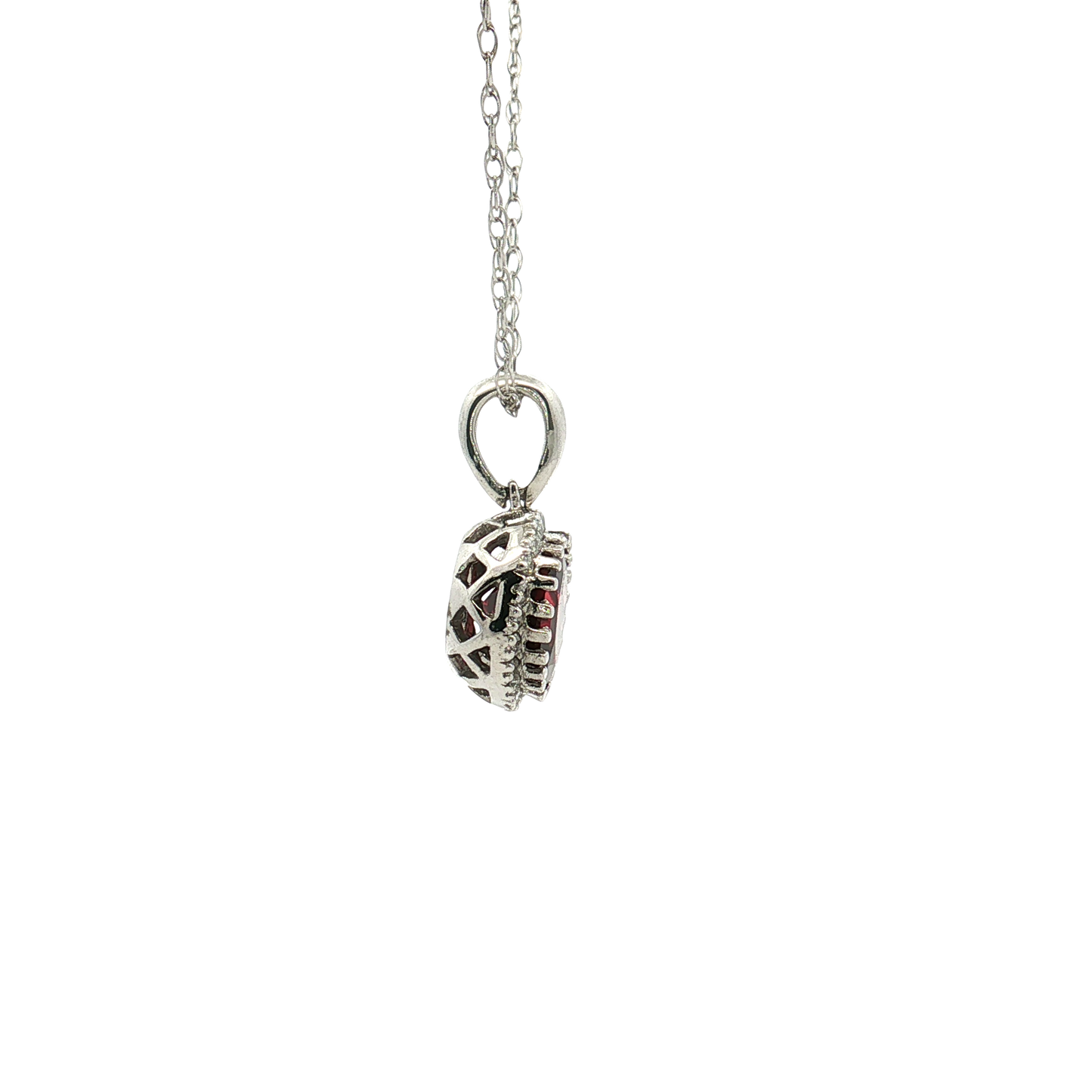 14K White Gold Garnet with Diamond Halo Pendant