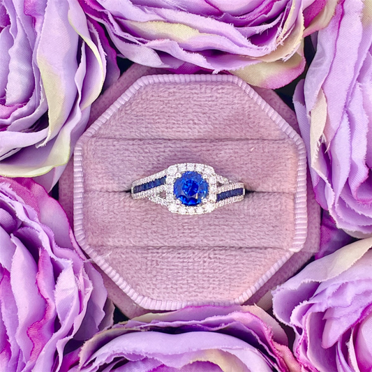 14K White Gold Blue Sapphire and Diamond Ring