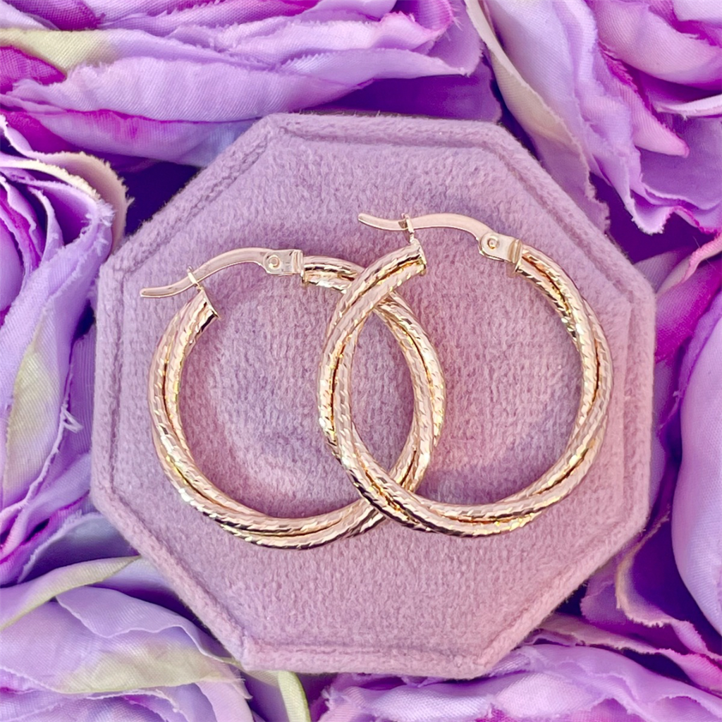 14K Yellow Gold Diamond Cut Twisted Hoops