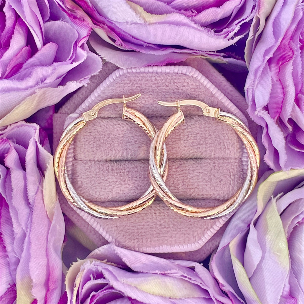 14K Tri-Color Diamond Cut Twisted Hoops
