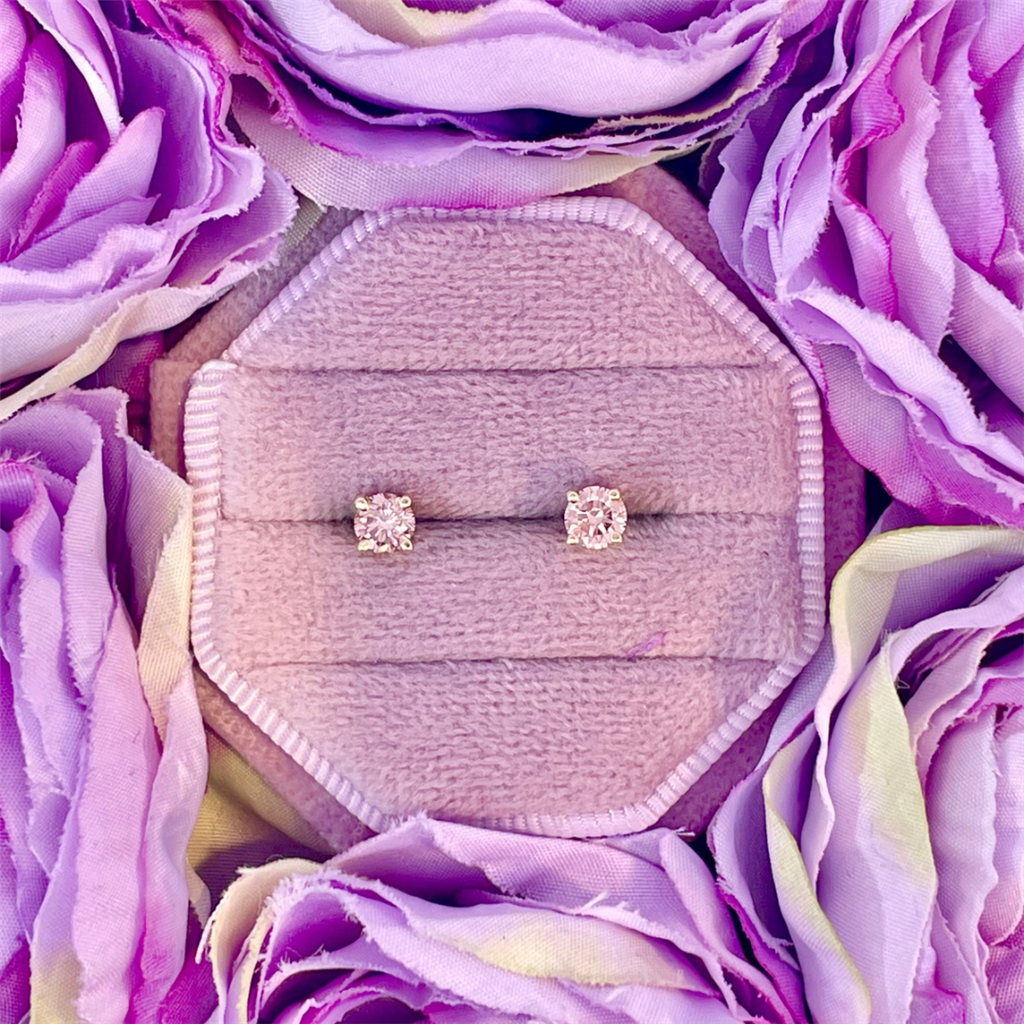 14K Yellow Gold Pink Irradiated Diamond Stud Earrings