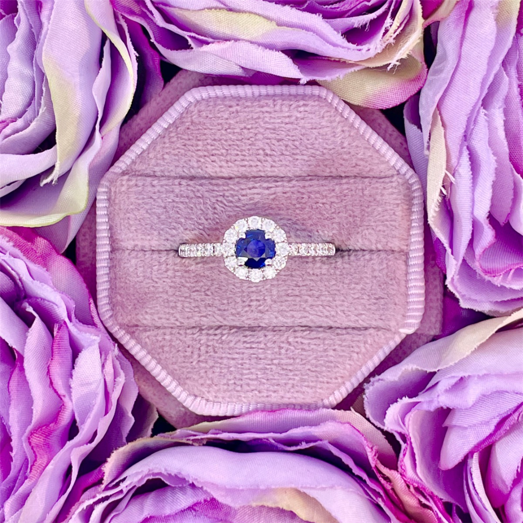 14K White Gold Ring with Blue Sapphire Center Stone and Diamond Halo