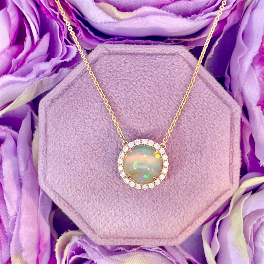 14K Yellow Gold Opal and Diamond Halo Necklace