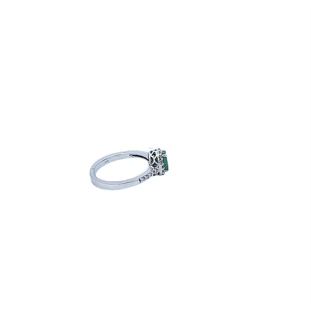 14K White Gold Emerald and Diamond Halo Ring