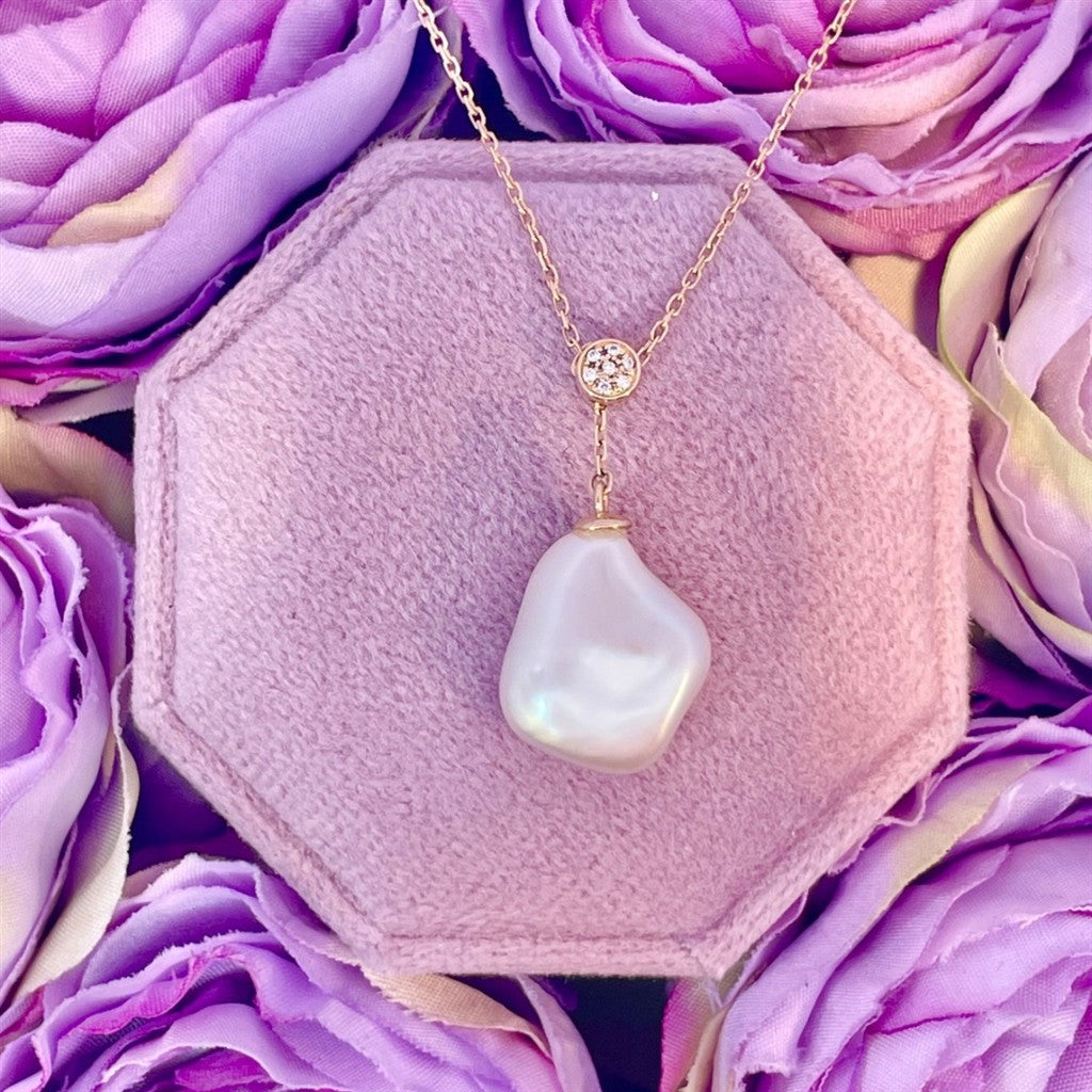 14K Yellow Gold Diamond and Freshwater Pearl Drop Adjustable Necklace