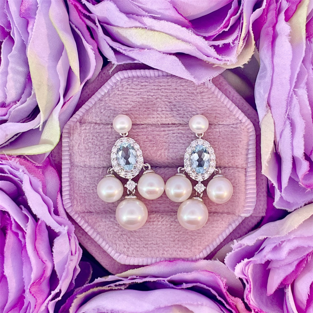 14K White Gold Freshwater Pearl Earrings with Aquamarine and Diamond Accents