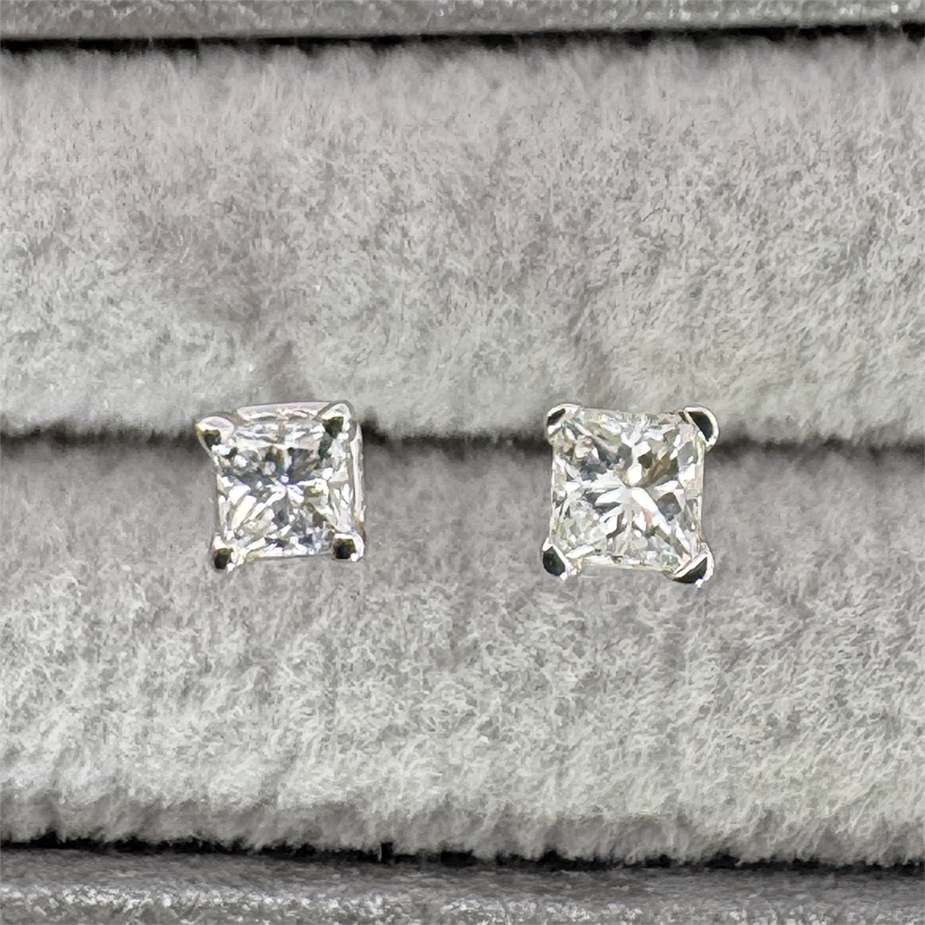 14K White Gold Princess Cut Diamond Threaded Post Stud Earrings