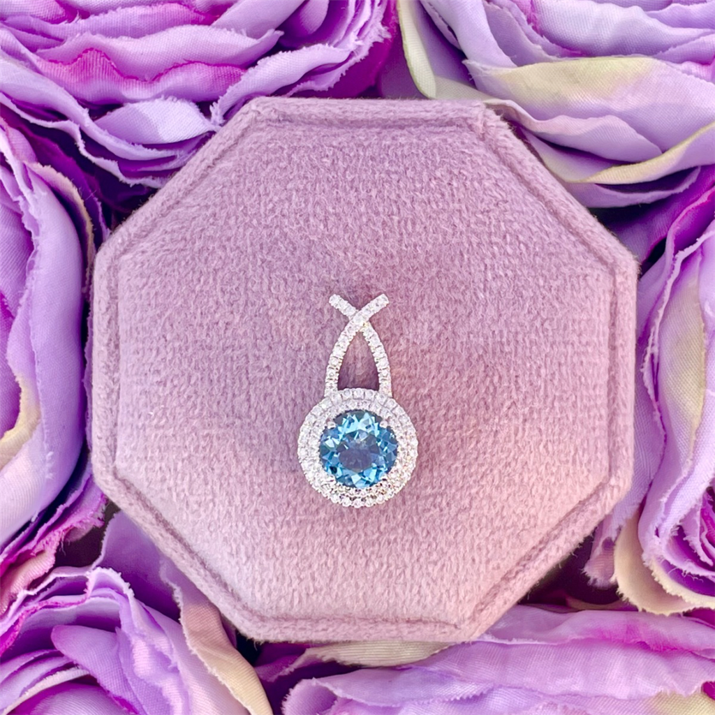 14K White Gold Aquamarine and Diamond Halo Pendant