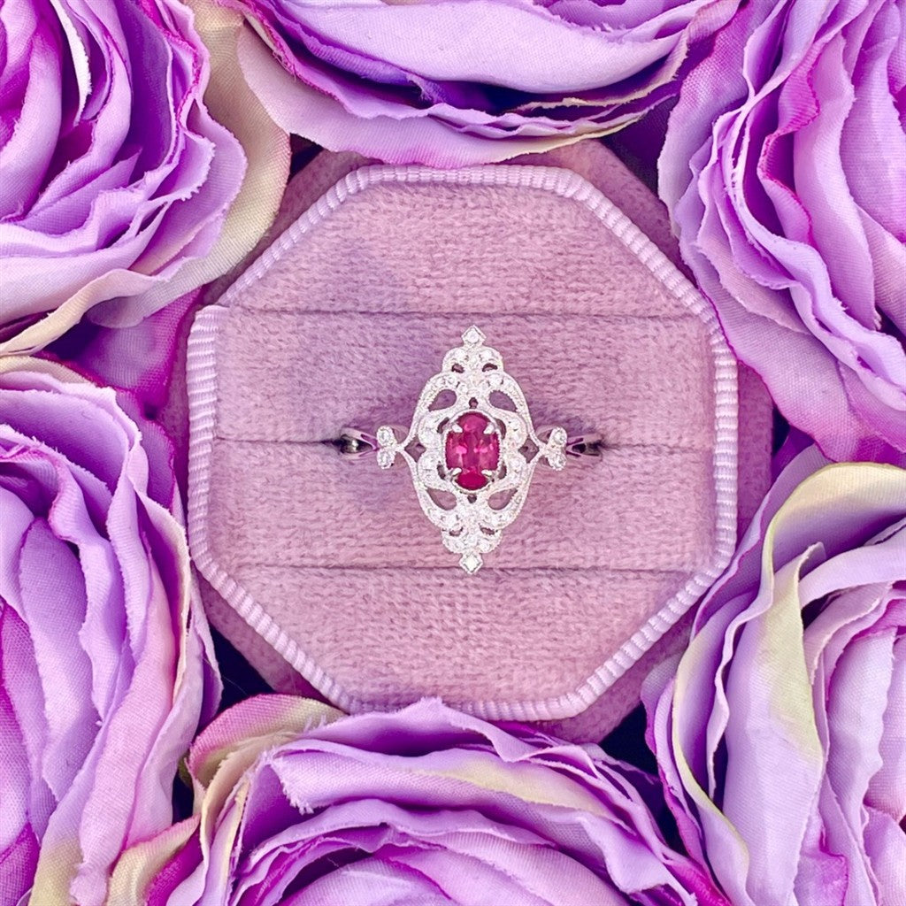14K White Gold Filigree Ruby and Diamond Ring