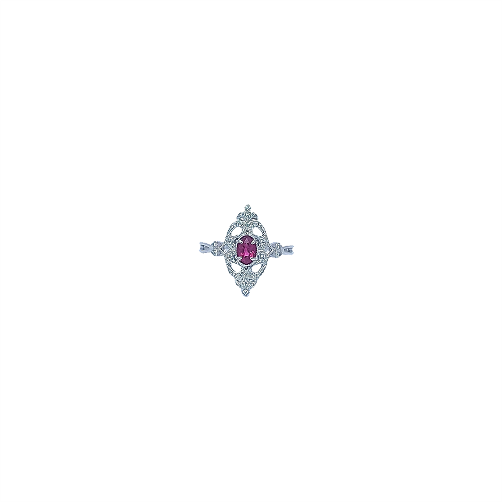 14K White Gold Filigree Ruby and Diamond Ring