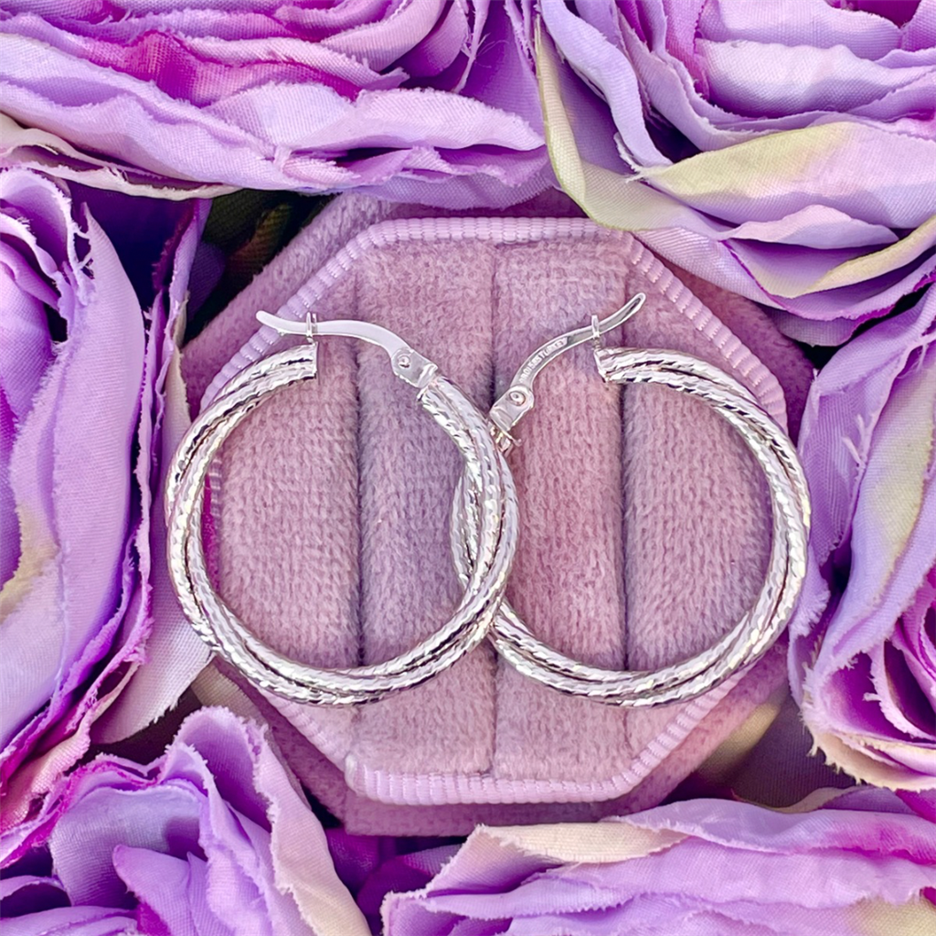 14K White Gold Diamond Cut Double Twist Hoop Earrings