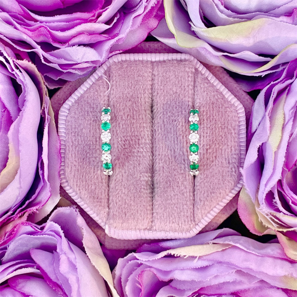 14K White Gold Emerald and Diamond Earrings