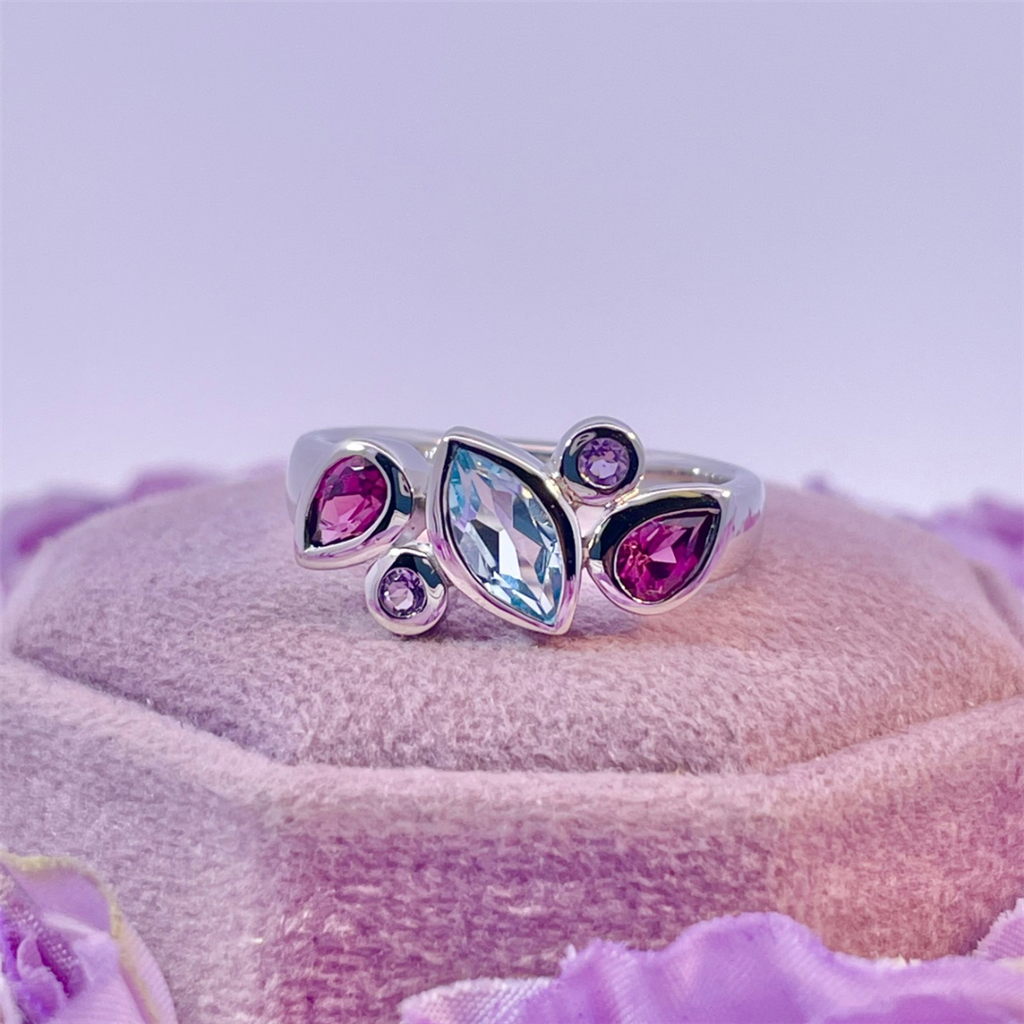 Benjamin Cohen- Sterling Silver Blue Topaz, Amethyst and Rhodalite Ring
