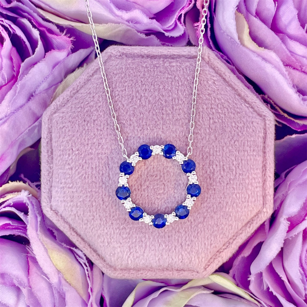 14K White Gold Blue Sapphire and Diamond Necklace