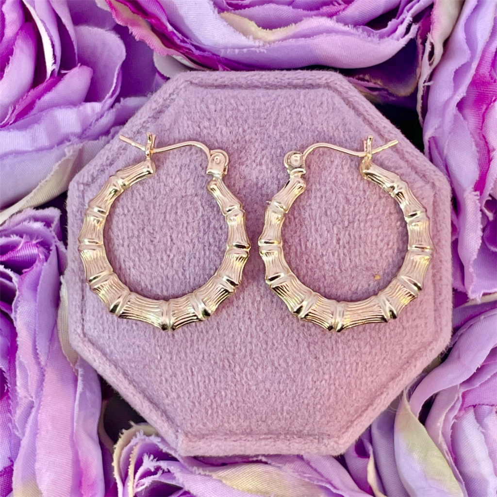 Estate-14K Yellow Gold Bamboo Hoop Earrings