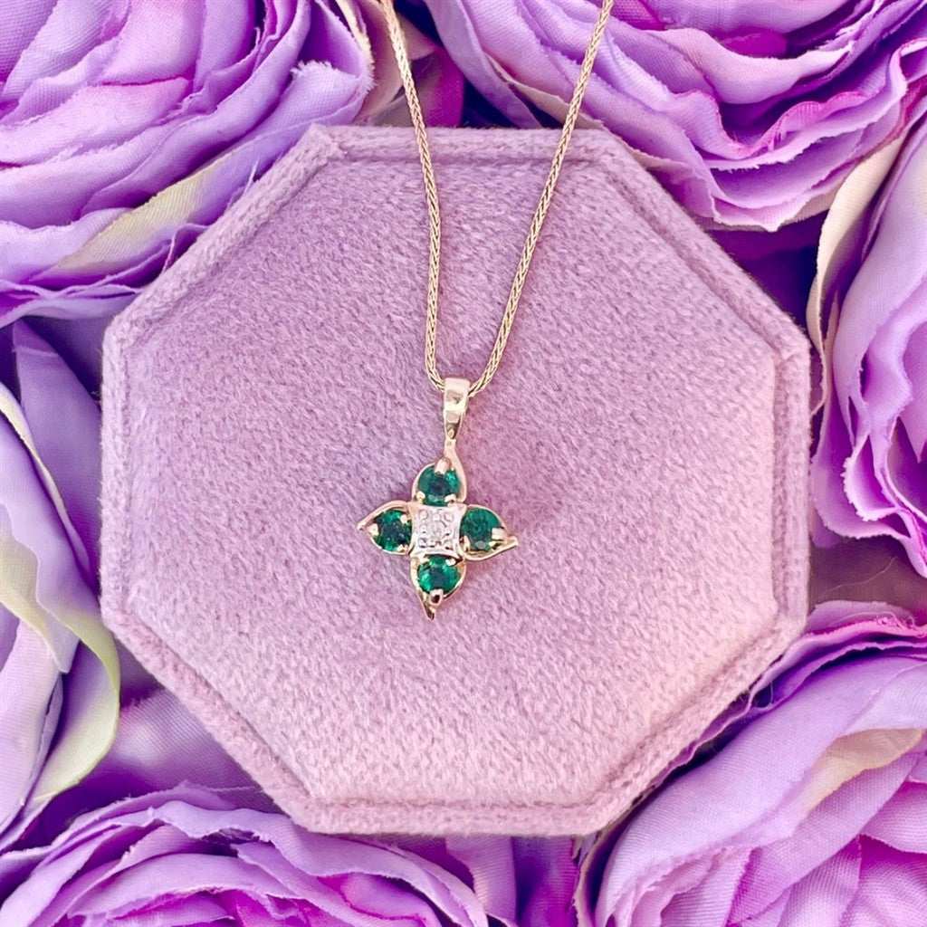 Estate-10K Yellow Gold Emerald and Diamond Pendant