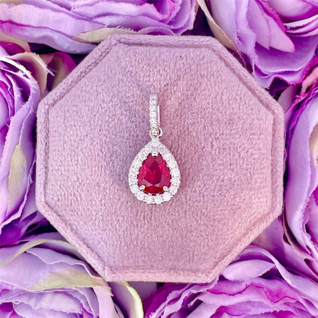 14K White Gold Ruby and Diamond Halo Pendant