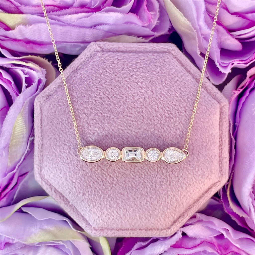 14K Yellow Gold Mixed Cut Diamond Bar Necklace