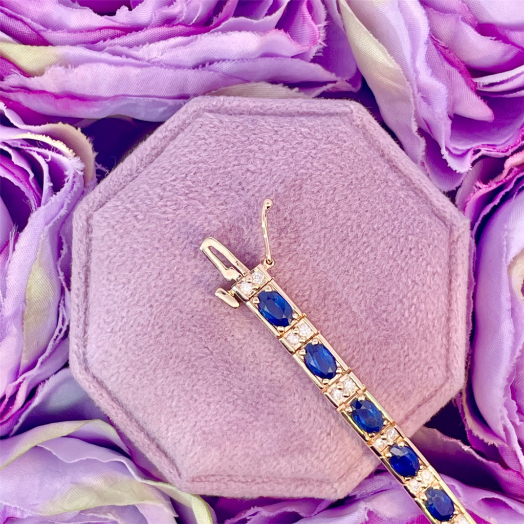 14K Yellow Gold Tennis Bracelet With Blue Sapphires And Diamonds