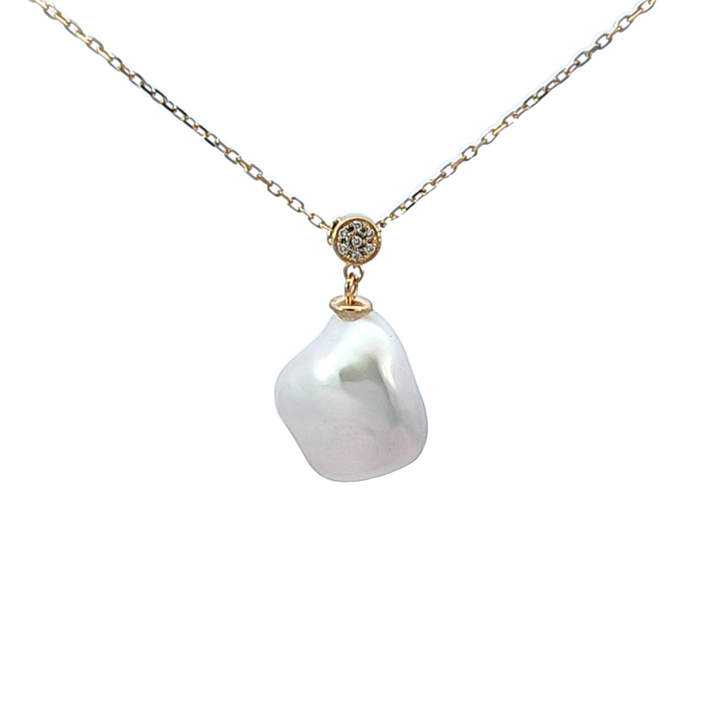 14K Yellow Gold Diamond and Freshwater Pearl Drop Adjustable Necklace