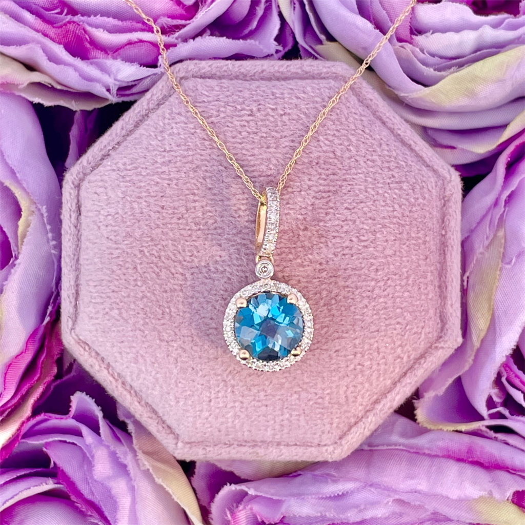 14K Yellow Gold Blue Topaz and Diamond Pendant
