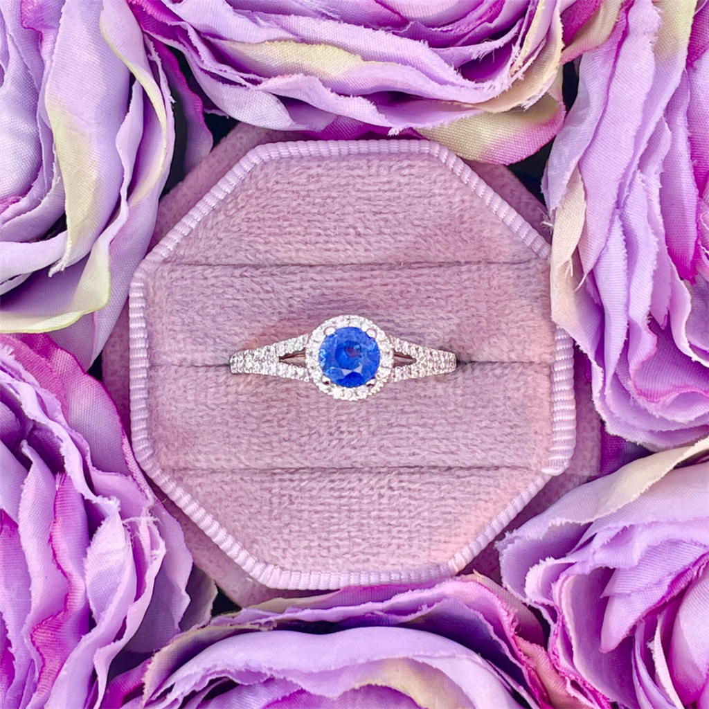 14K White and Rose Gold accented Blue Sapphire and Diamond Ring