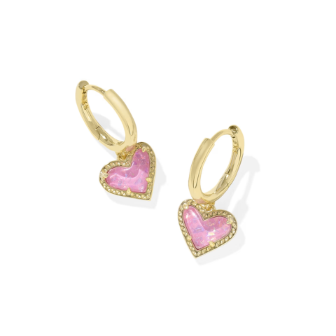 Ari Heart Gold Huggie Earrings in Pink Iridescent Glitter Glass