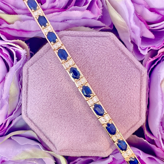 14K Yellow Gold Tennis Bracelet With Blue Sapphires And Diamonds