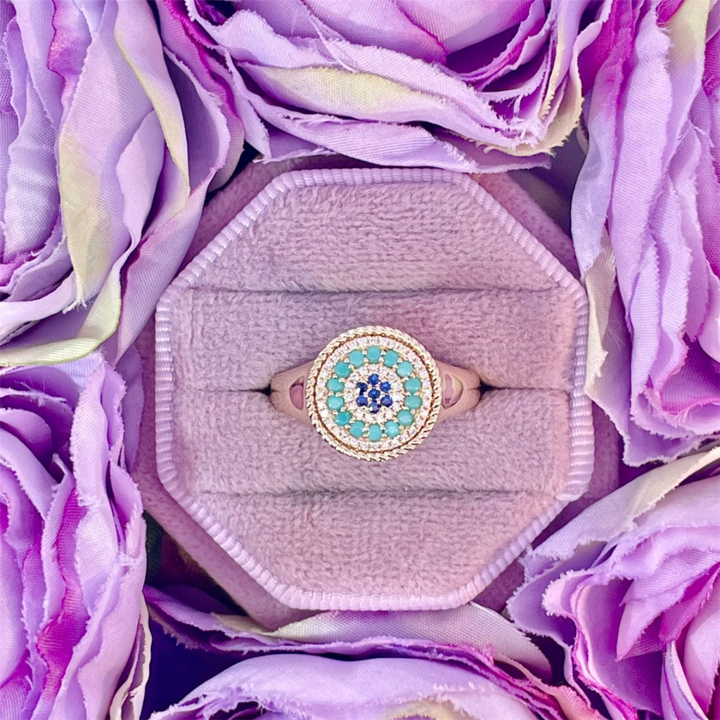 14K Yellow Gold Sapphire, Turquoise and Diamond Ring