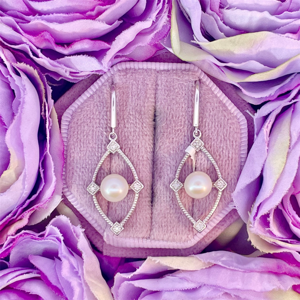 Sterling Silver Freshwater Pearl and Diamond Hook Earrings