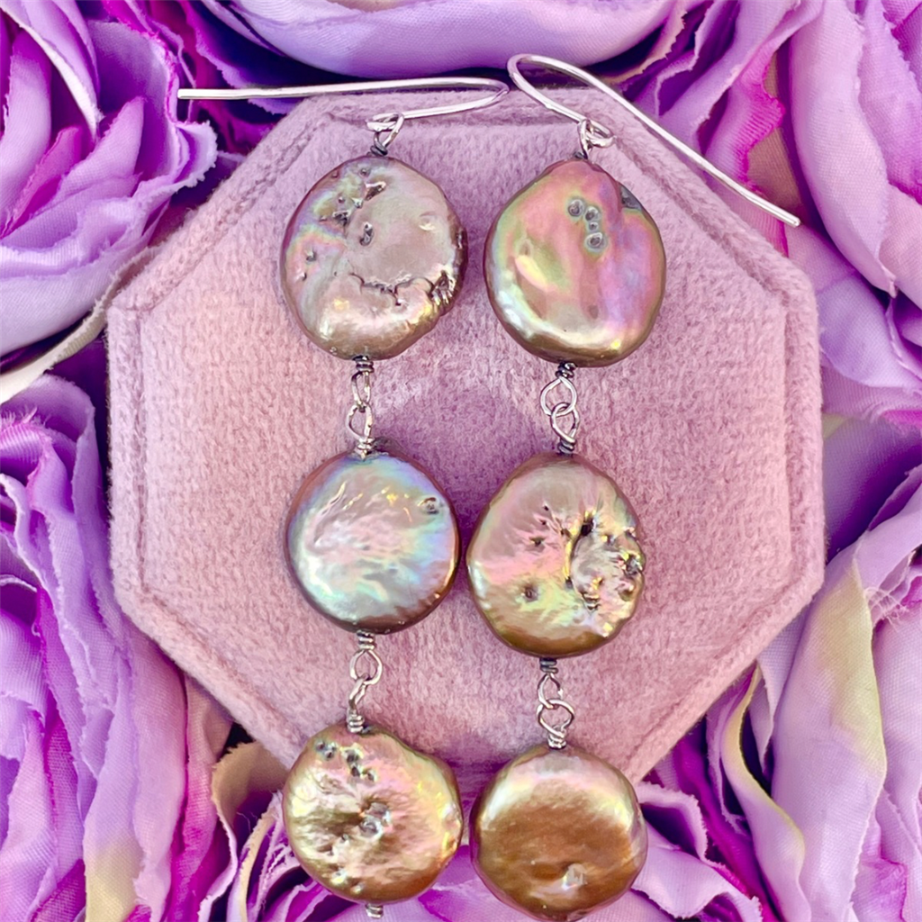 Estate-Sterling Silver Fresh Water Peacock Coin Pearl Earrings