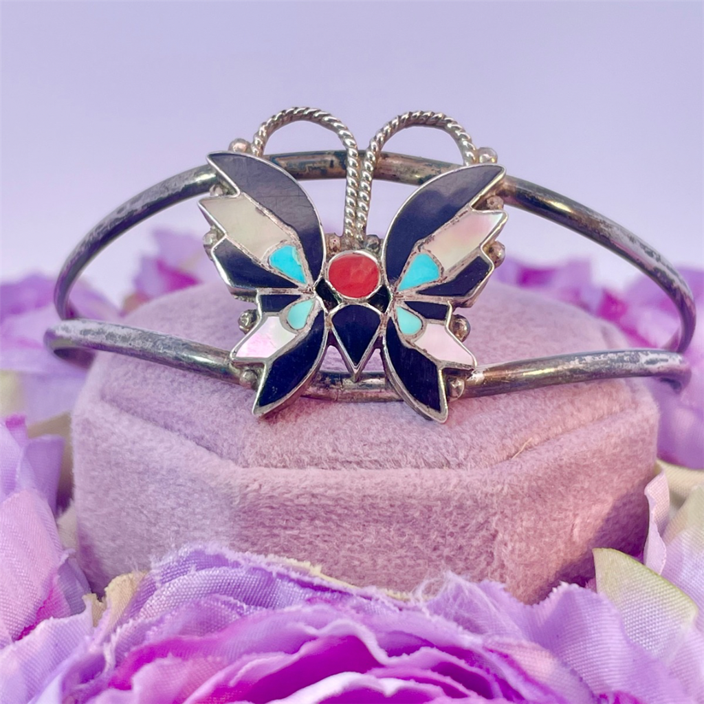 Estate- Signed Vintage Sterling Silver Butterly Cuff Bracelet