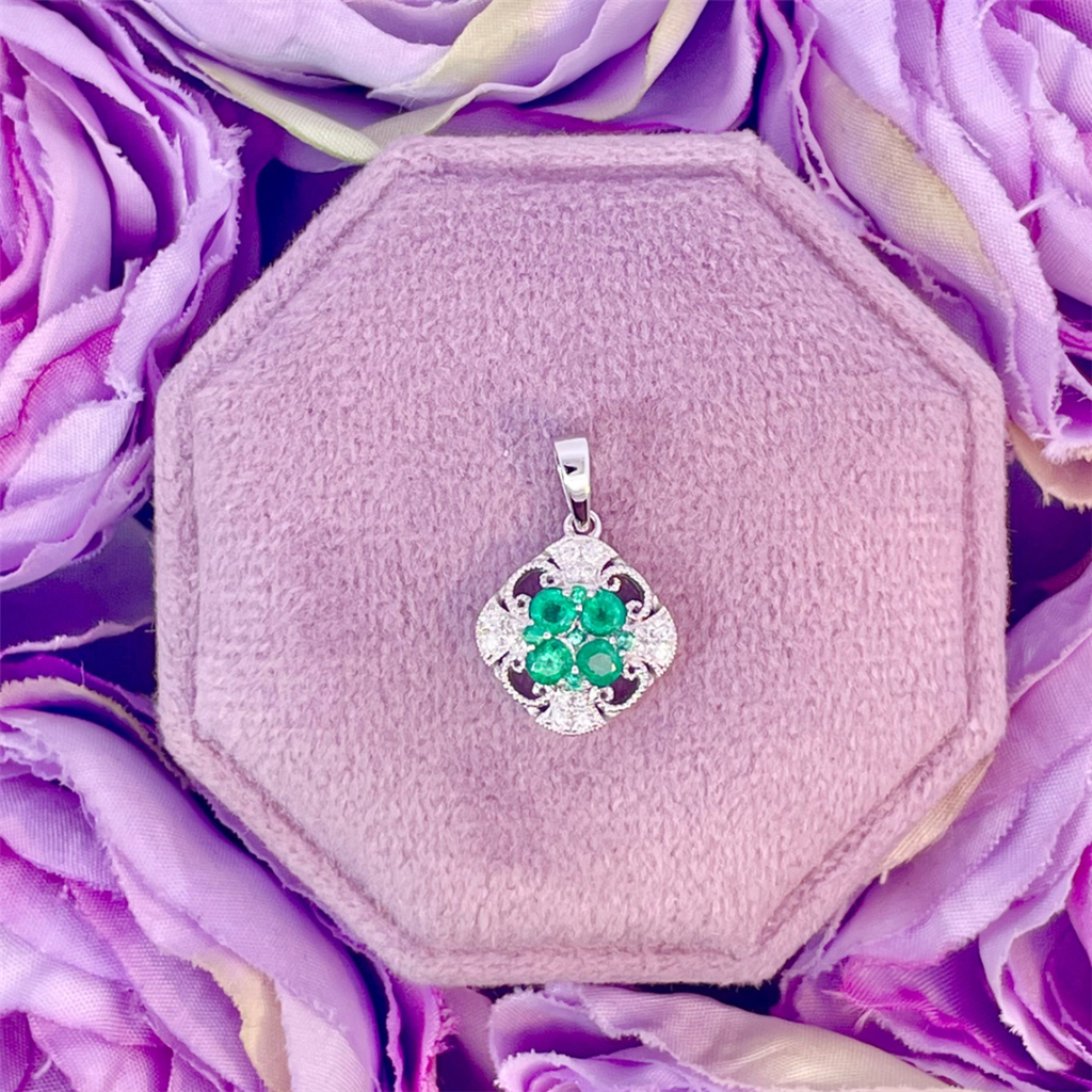 14K White Gold Emerald and Diamond Pendant