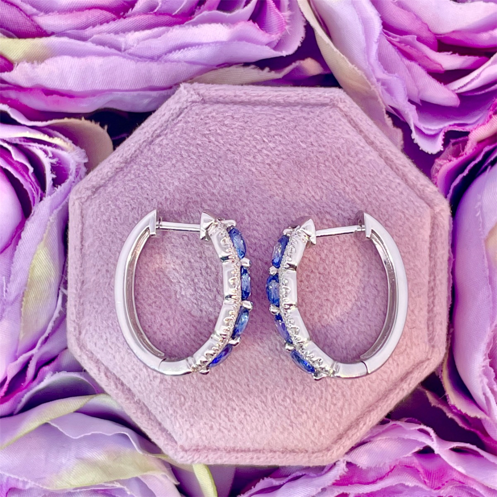 14K White Gold Blue Sapphire and Diamond Hoop Earrings