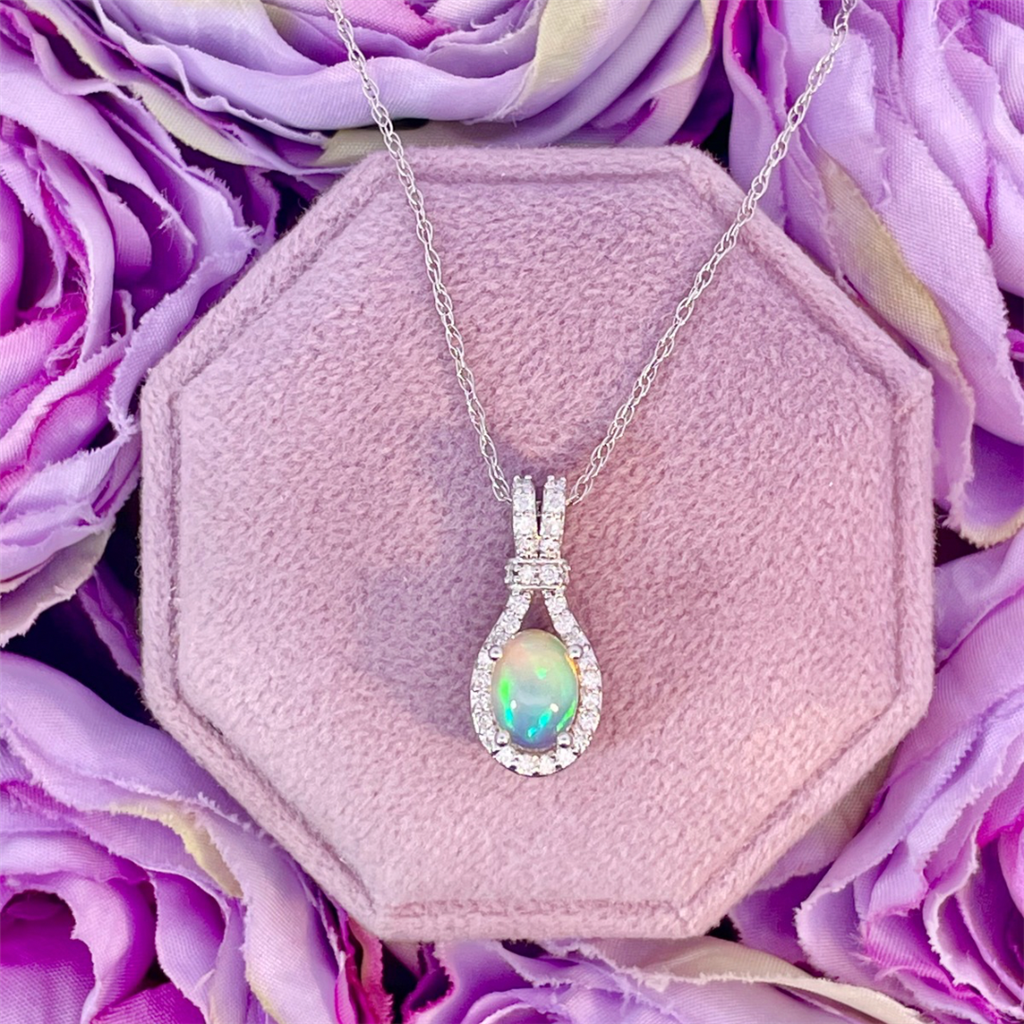 14K White Gold Opal and Diamond Pendant