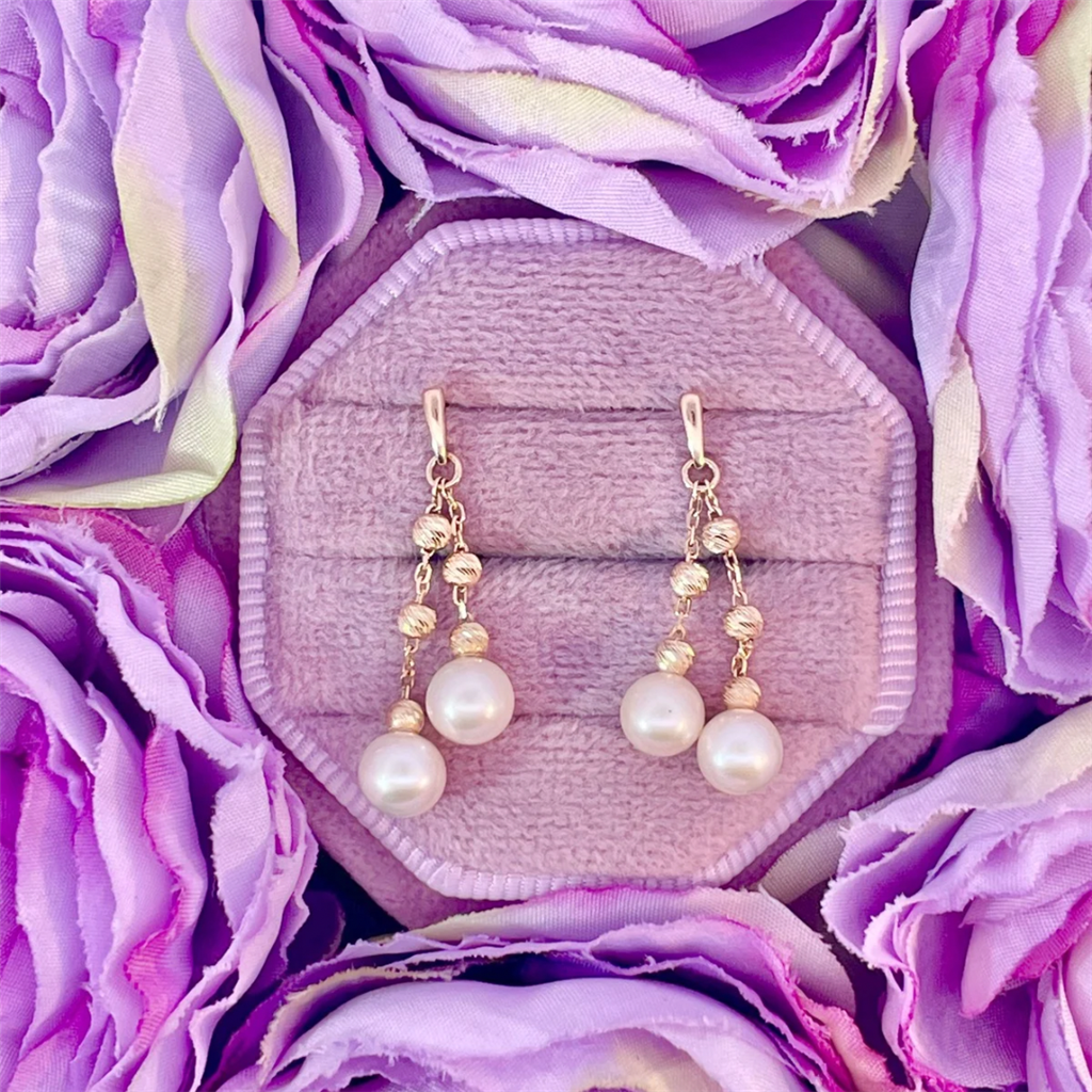 14K Yellow Gold Freshwater Pearl Earrings with Diamond Cut Beads