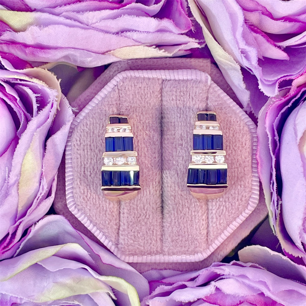 Estate- 14K Yellow Gold Lab Created Blue and White Sapphire Earrings